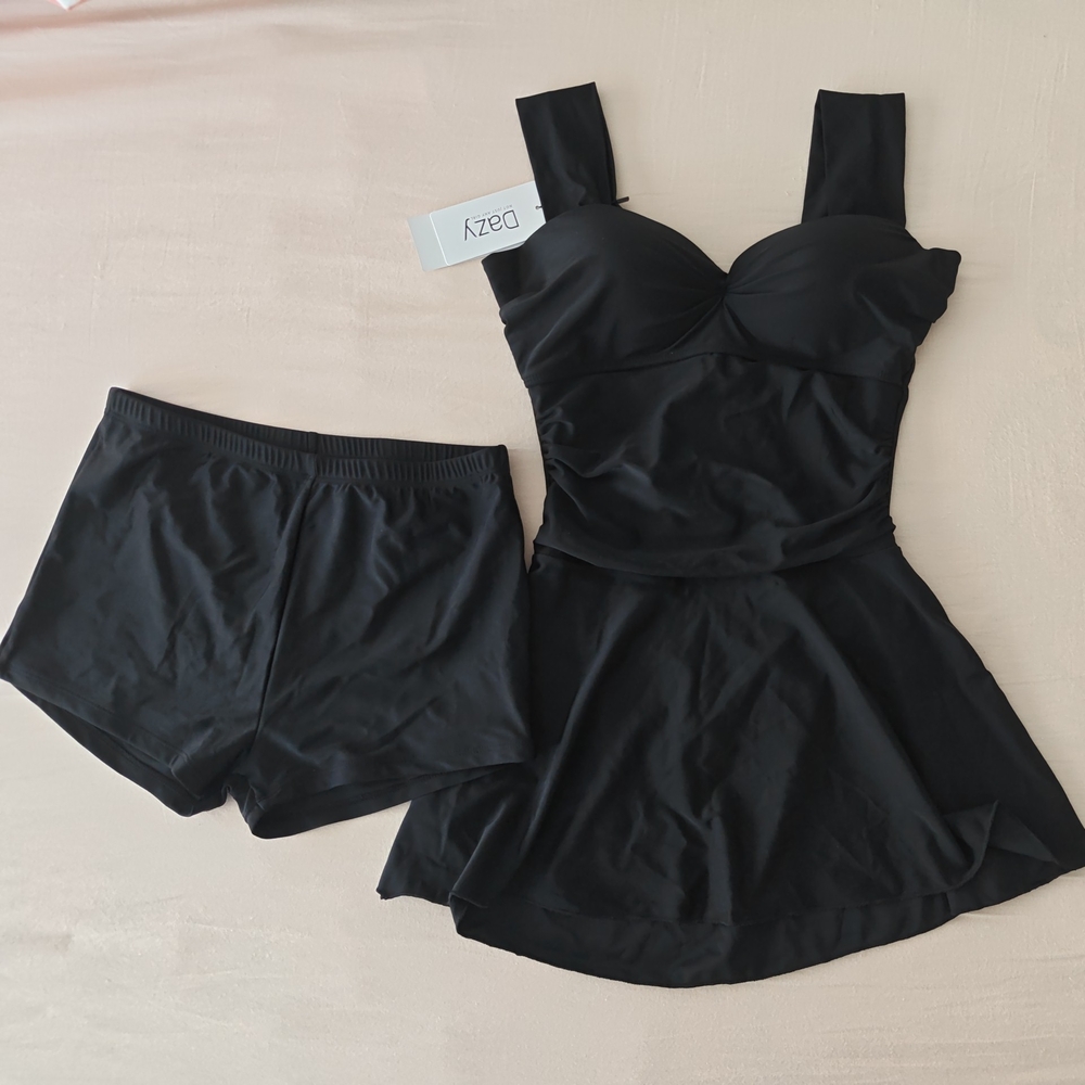 Women's Swimsuit Swim Dress With Shorts Black Fits Size L by DAZY